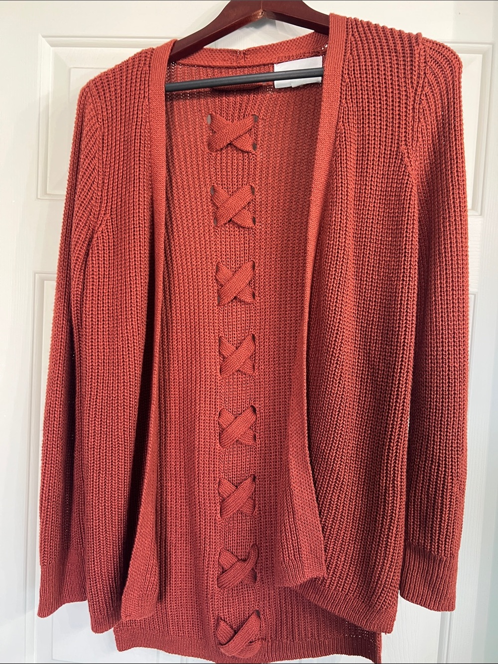 Open-Front Rust Knit Cardigan with Back Bow Detail